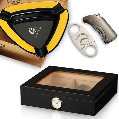 Spain Cedar Wood Humidor Cigar Box Home Ceramic Ashtray Portable Butane Torch Lighter Cigar Cutter Set