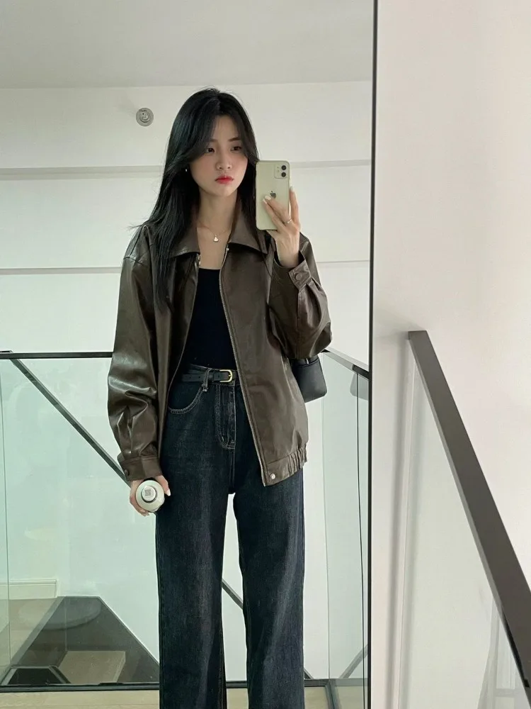 Bruin Casual Moto Leren Jas Vrouwen Vintage High Street Fashion Leren Jas Vrouwelijke Losse Koreaanse Zomer Punk Stijl Jas Nieuw