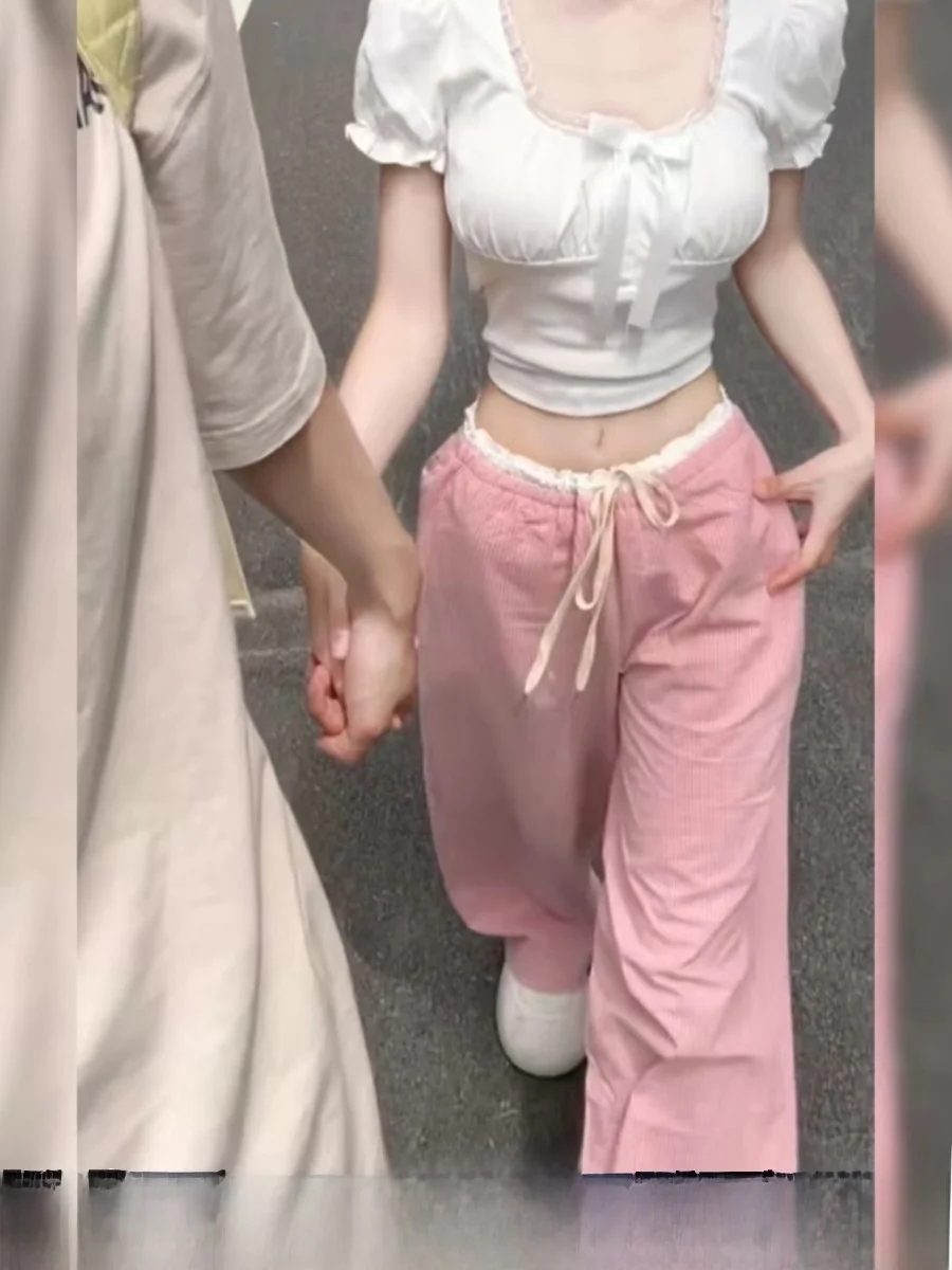 

Korean Sle Sweet And Spicy Ruffle Pink Casual Pants Women Summer Thin Design Loose Wide Leg Trousers High Waist Long Pants