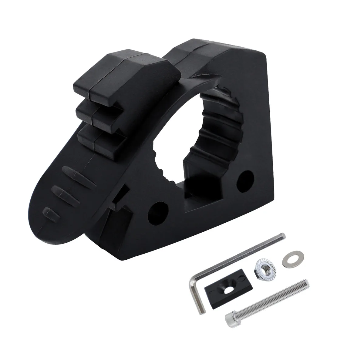 Red and black quick release rubber clamp, rubber installation fixture with tool kit for diameters ranging from 1-1/7 to 1-3/7