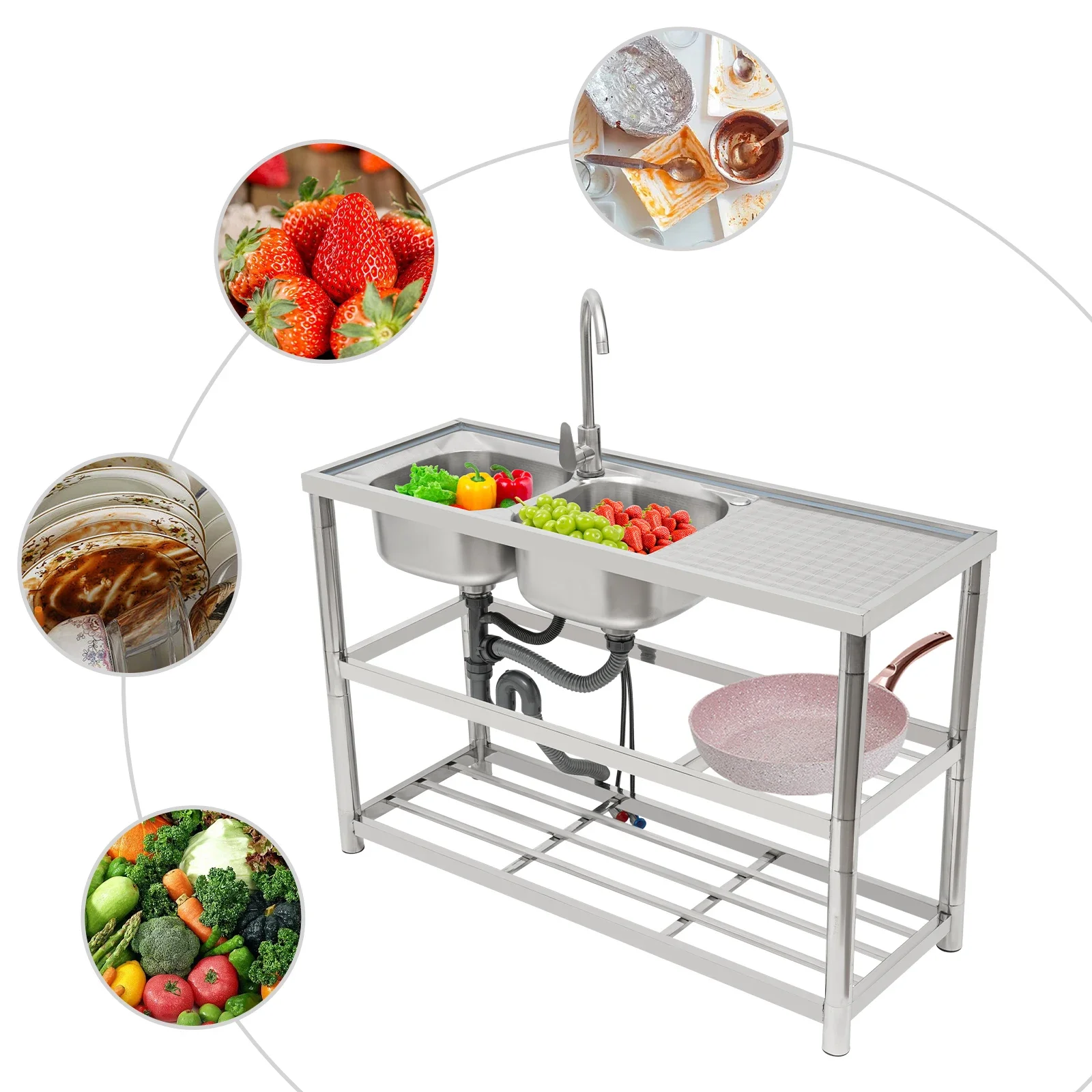 

Набор кухонной мойки с двойной чашей, отдельно стоящая раковина из нержавеющей стали 201, 120x45x80 см, с краном, трубой, для рекламы ресторана