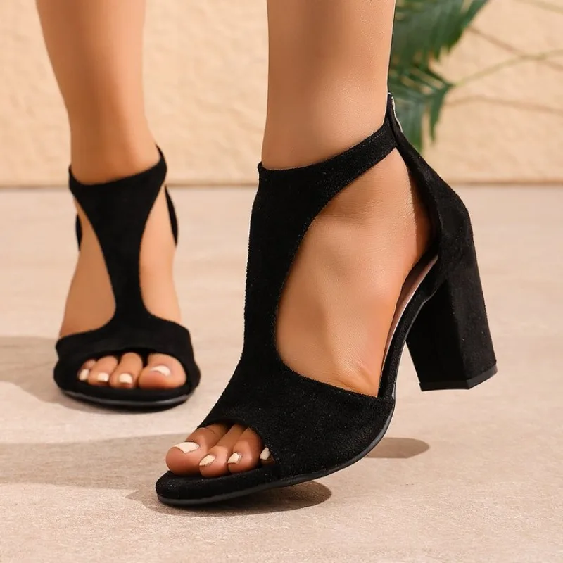 Womens Sandals High Heels Block Heel Open Toe Suede Finish Texture T-Strap Back Zipper Closure Classic Elegant Evening Footwear