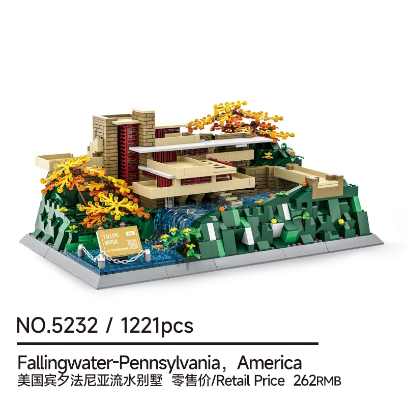 1221PCS Fallingwater House Building Blocks MOC Famous Architecture Model Bricks Set Pennsylvania USA Landmark Toy Gifts Adults
