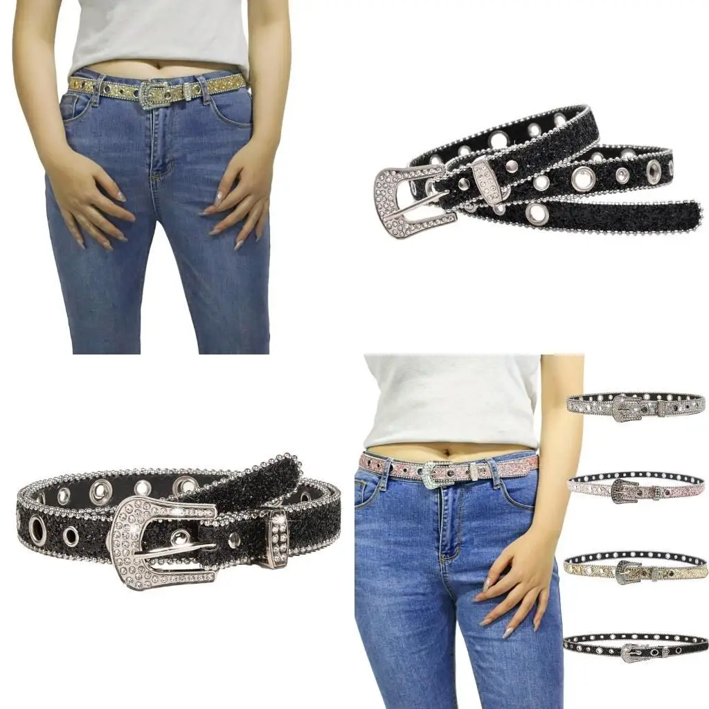 

39BB Delicate Adjustable Buckle Belt Woman Harajuku Full Sequins Waist Belts Cowgirl Y2k Girls Belt for Jeans Men