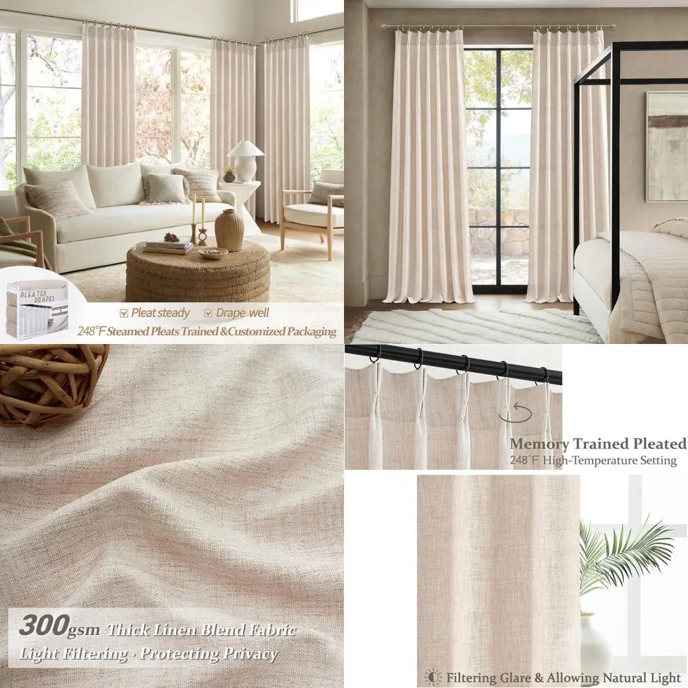 ستائر بطيات من الكتان، 102 للنوافذ الكبيرة، تصفية الضوء، بيج رملي، W40 x L102