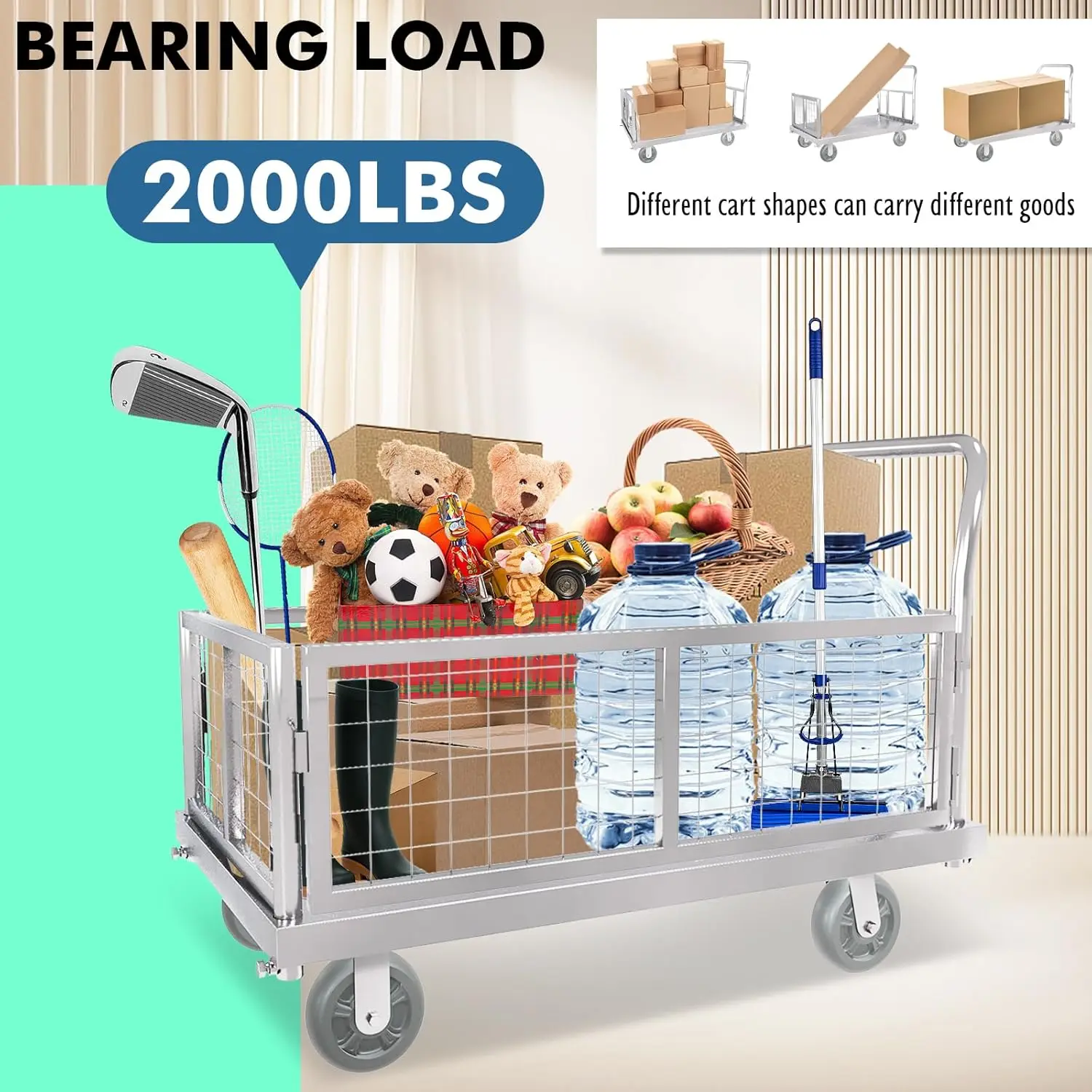 4-in-1 Platform Truck Cart with Cage, Multi-Purpose Heavy Duty Steel Flatbed Cart with 2200lbs Capacity Platform Hand Truck 6" W