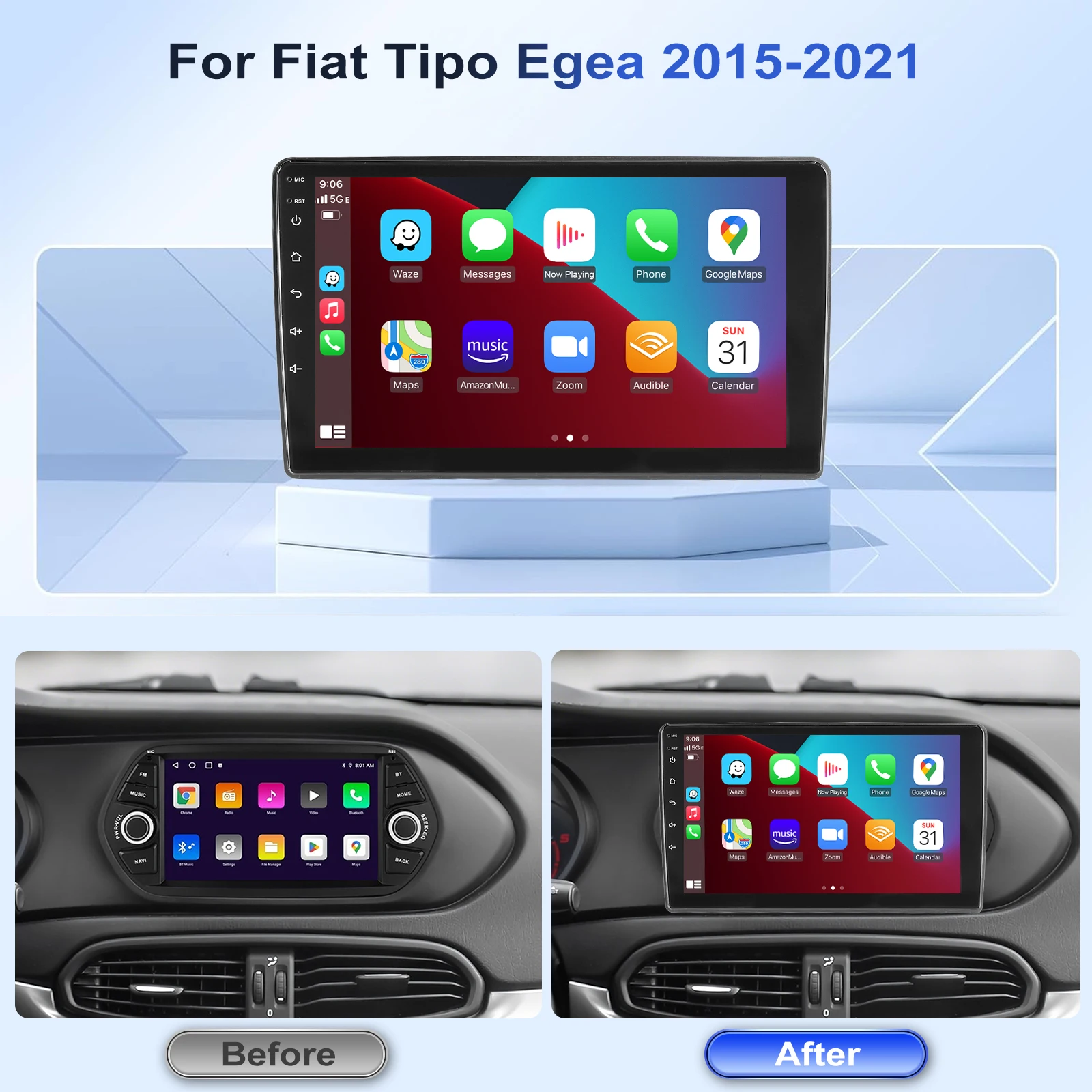 ESSGOO 9" Android 15 2+16G/4+64G Radio Samochodowe Dla Fiat Tipo Egea 2015-2021 Nawigacja GPS Bezprzewodowy Carplay Android Auto FM BT WiFi RDS SWC Mirror Link ASP Odtwarzacz Multimedialny z Ekranem