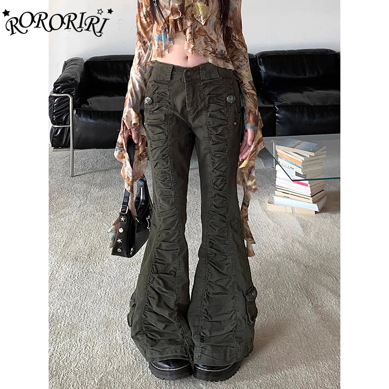 RORORIRI Vintage Wash Pleated Flare Jeans Women Casual Solid Stitch Pockets Low Rise Slim Bootcut Denim Pants Grayu Y2k Clothes