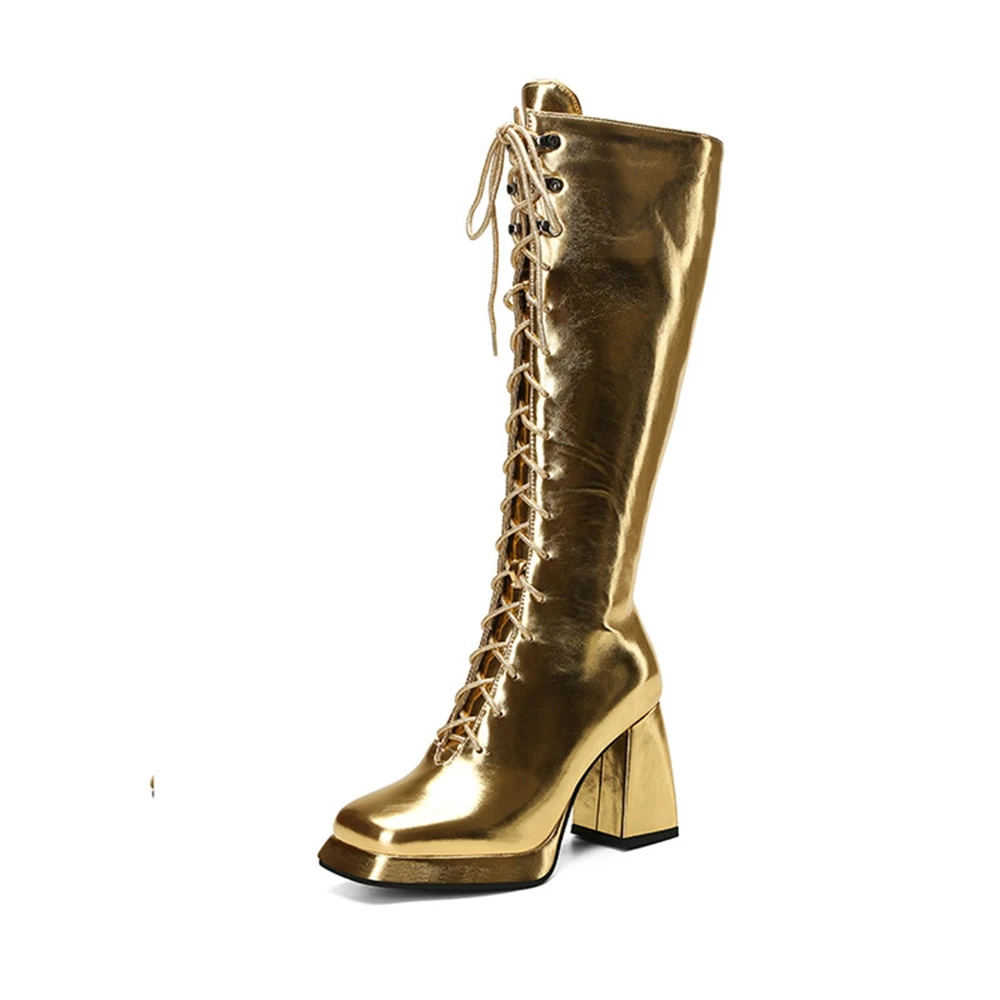 Botas Mujer High Knee Boots Women Platform Sexy Luxury Gold Sliver Heels Zip Winter Party Dance Shoes Ladies Large Size 46 33-13