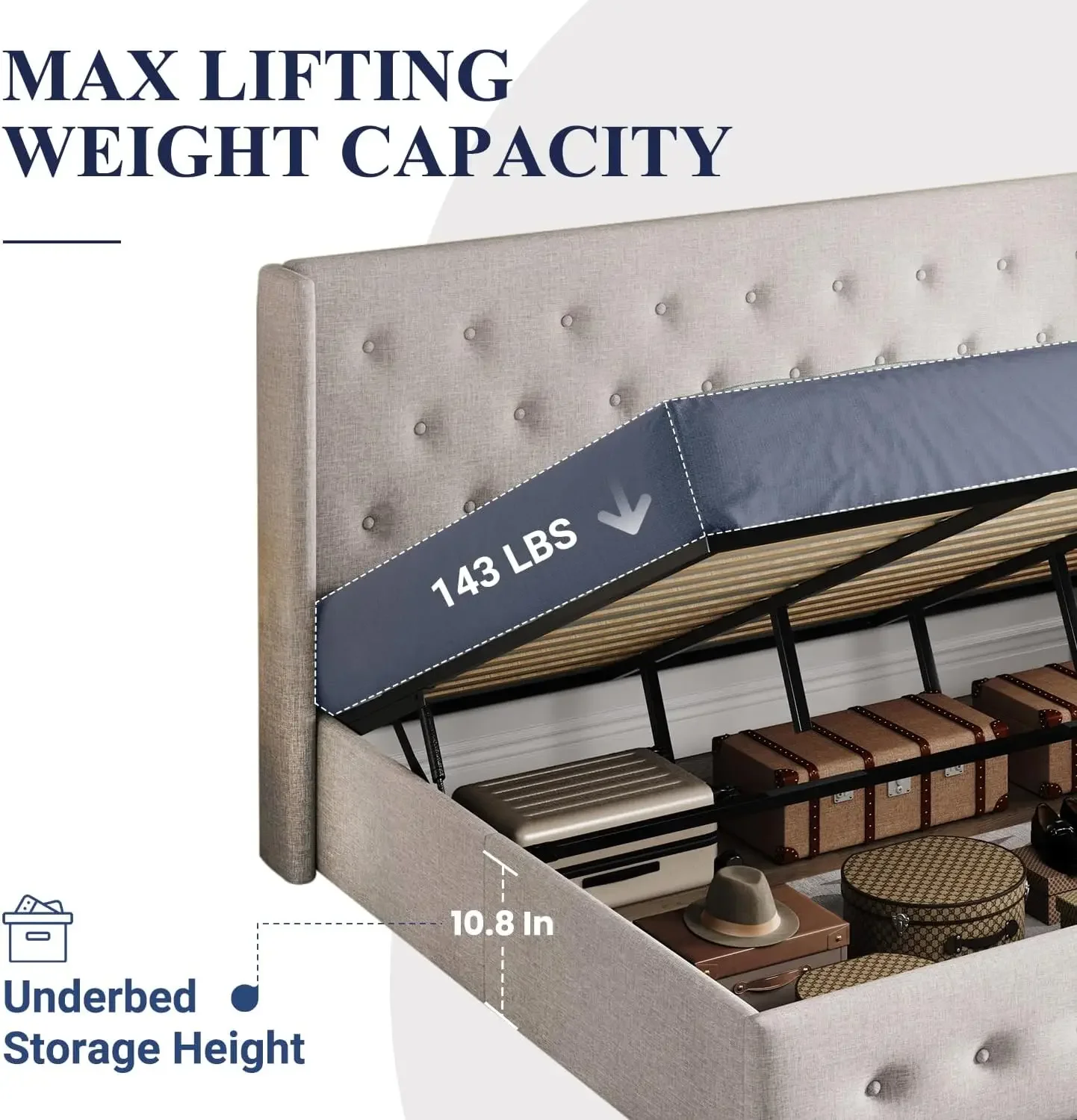 [شحن مجاني، صفقة ساخنة! سرير تخزين قابل للرفع بحجم كينج من Allewie، لوح رأسي معنقدة بأزرار مع ظهر مجنح، دعم هيدروليكي، بدون Bo #6