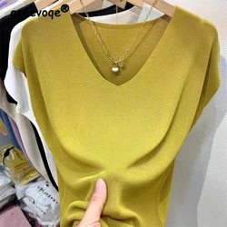 Women Clothing Summer Fashion Simple Short Sleeve Ice Silk Thin Knitted T-shirt Casual Commute Solid V Neck Loose Pullover Tops