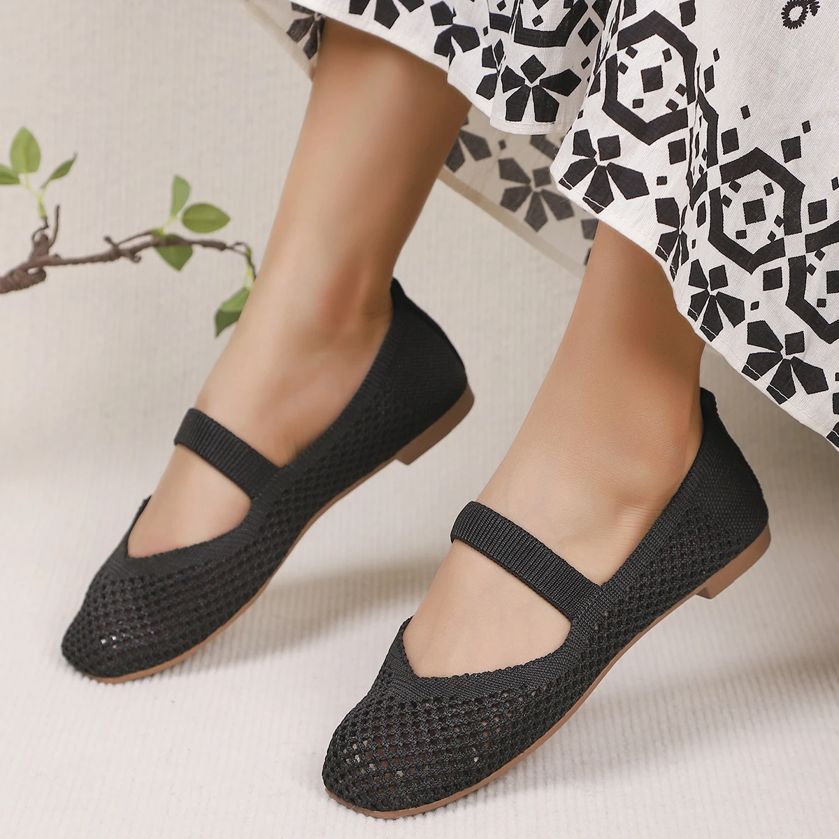 Große Größen Damen-Flachschuhe, Atmungsaktive Gestrickte Sneaker, Weiche Ballett-Loafer, Lässige Slip-On Bootsschuhe für Frauen – Detail 5