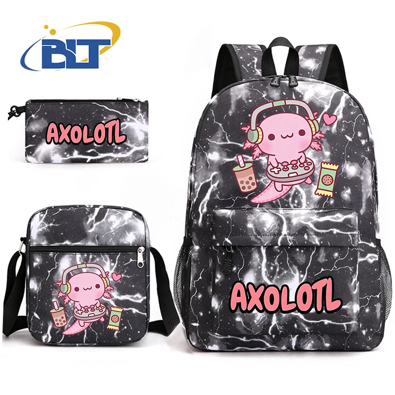 Cute Axolotl Printed Kids School Bag Set Casual Backpack Shoulder Bag Pencil Bag 3-piece Set Student Gift