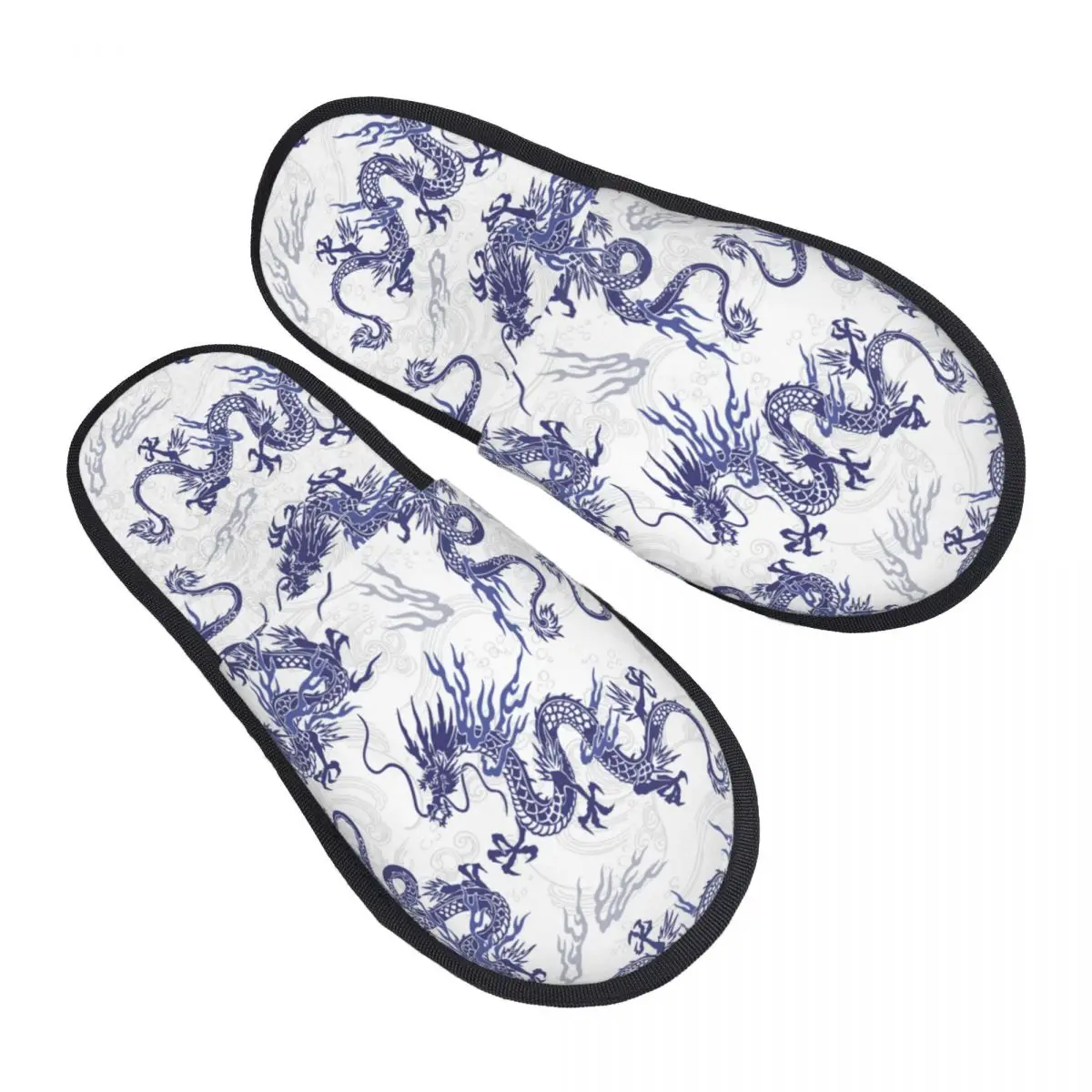 Winter Women Men Non-Slip Flat Slippers Japanese Dragon Pattern Indoor Fur Soft Warm Shoes