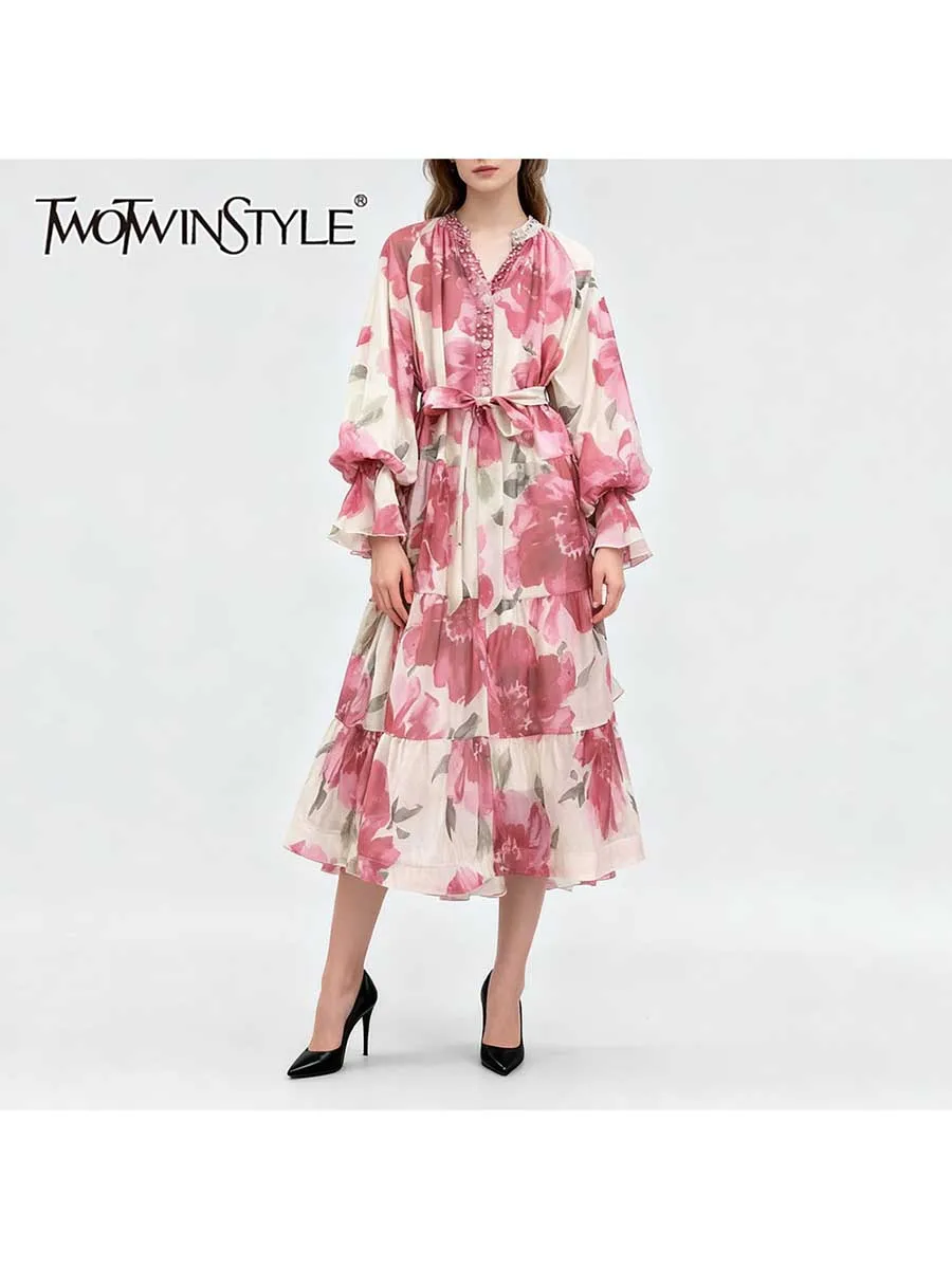 TWOTWINSTYLE Printing Loose Spliced Ruched Casual Dresses for Women V Neck Long Sleeves Patchwork Bead Elegant Dress Female New
