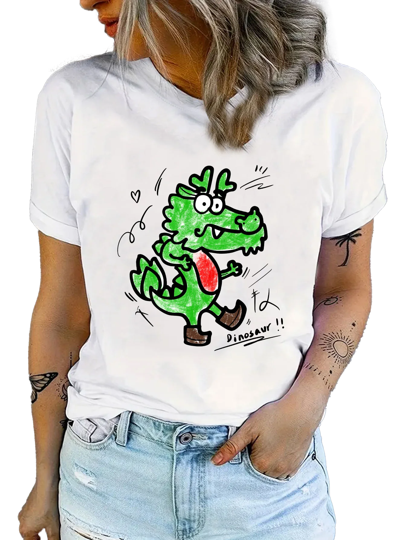 

Cute dinosaur women short sleeve fashion retro women's clothing street hip hop crew neck loose top women's T-shirt