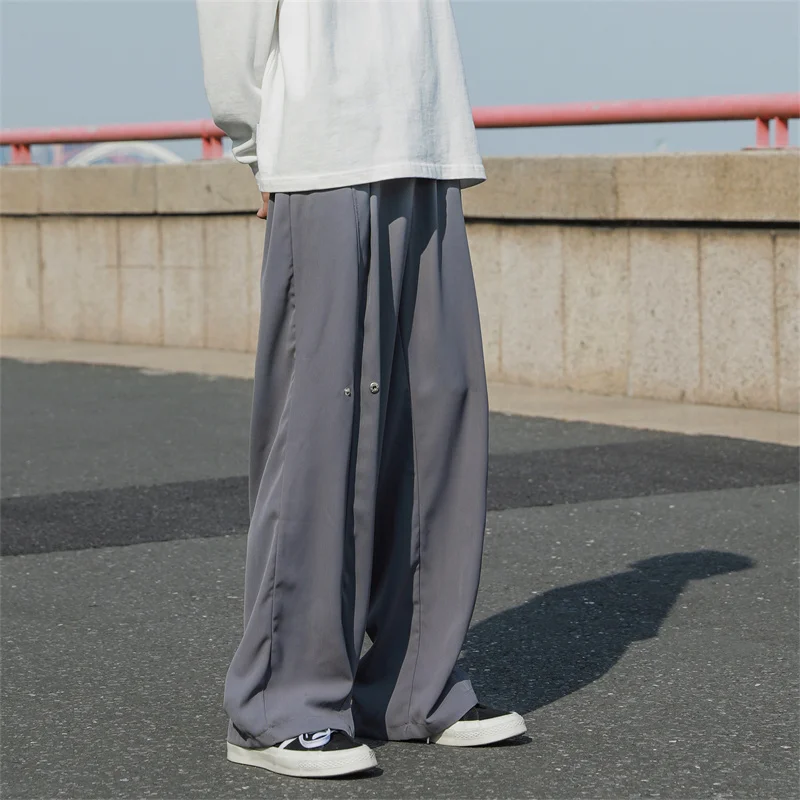 5XL-M Ice Silk Pleated Wide-leg Pants Men Fashion Oversized Vintage Loose Straight s Mopping Trousers