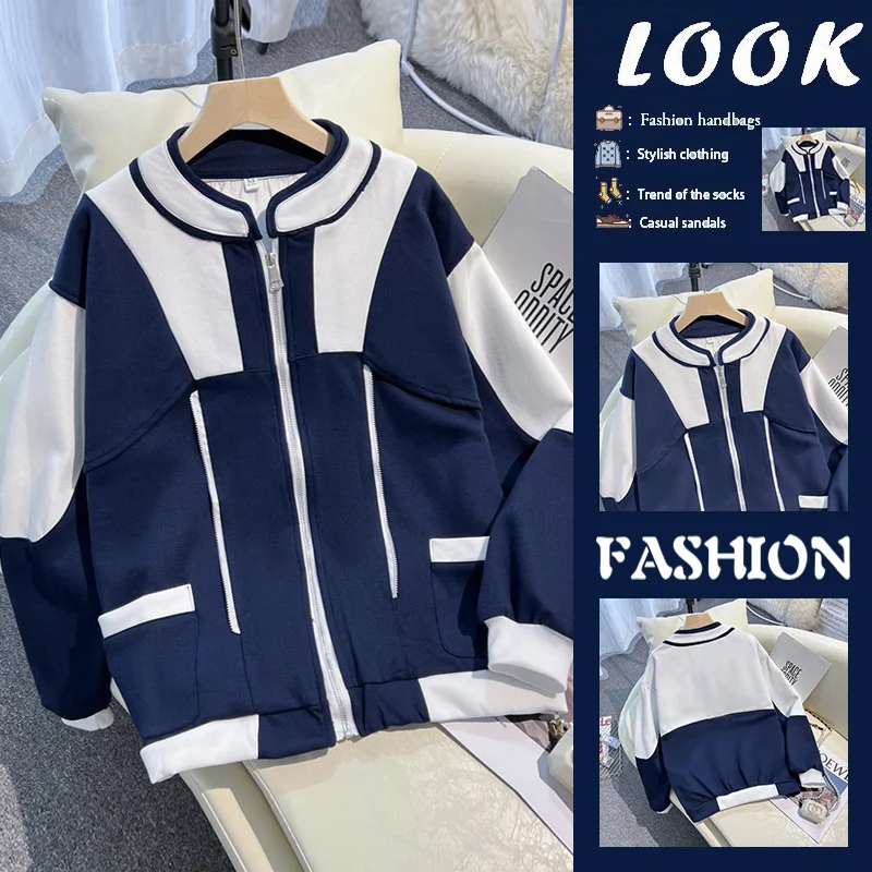 Laid-back Style Oversized Stand Collar Jacket Women's Patchwork Decorative Brand End of Line Casual Outerwear