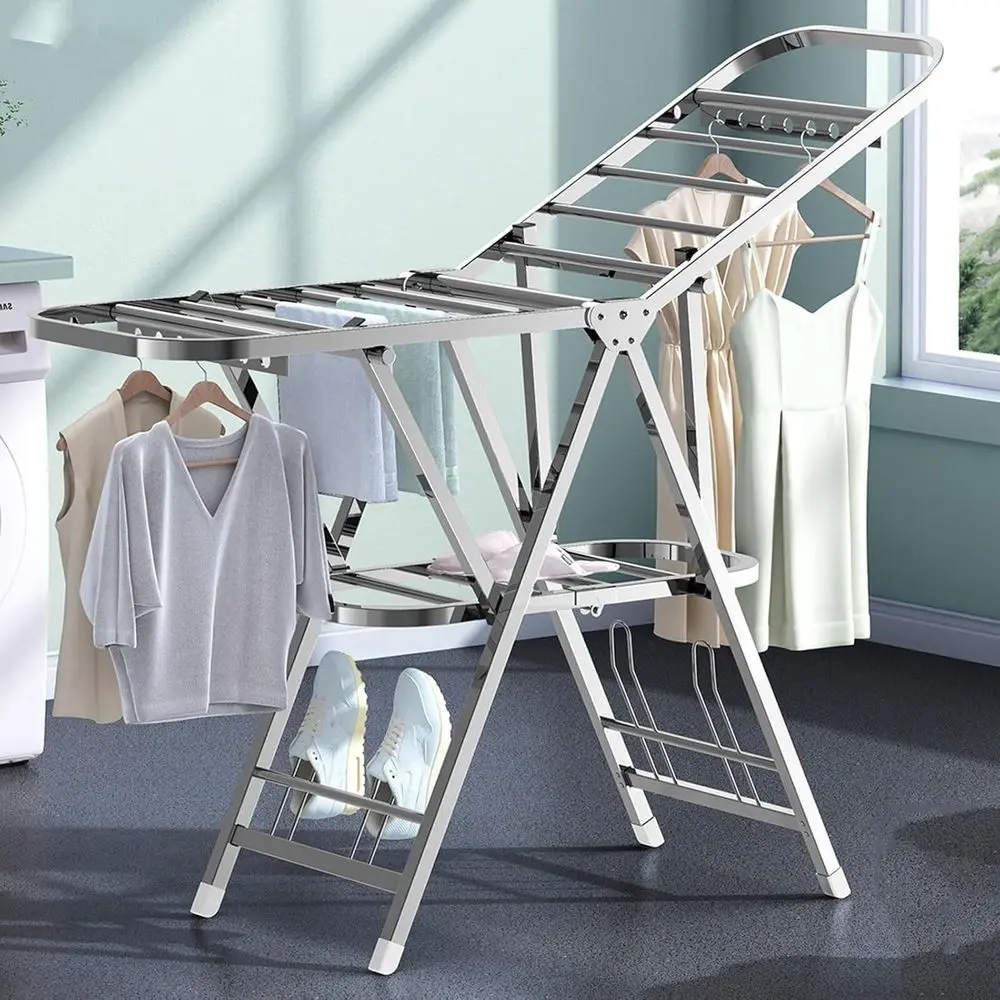 

Двухуровневая сушилка для одежды из нержавеющей стали с регулируемыми крыльями и полкой для обуви