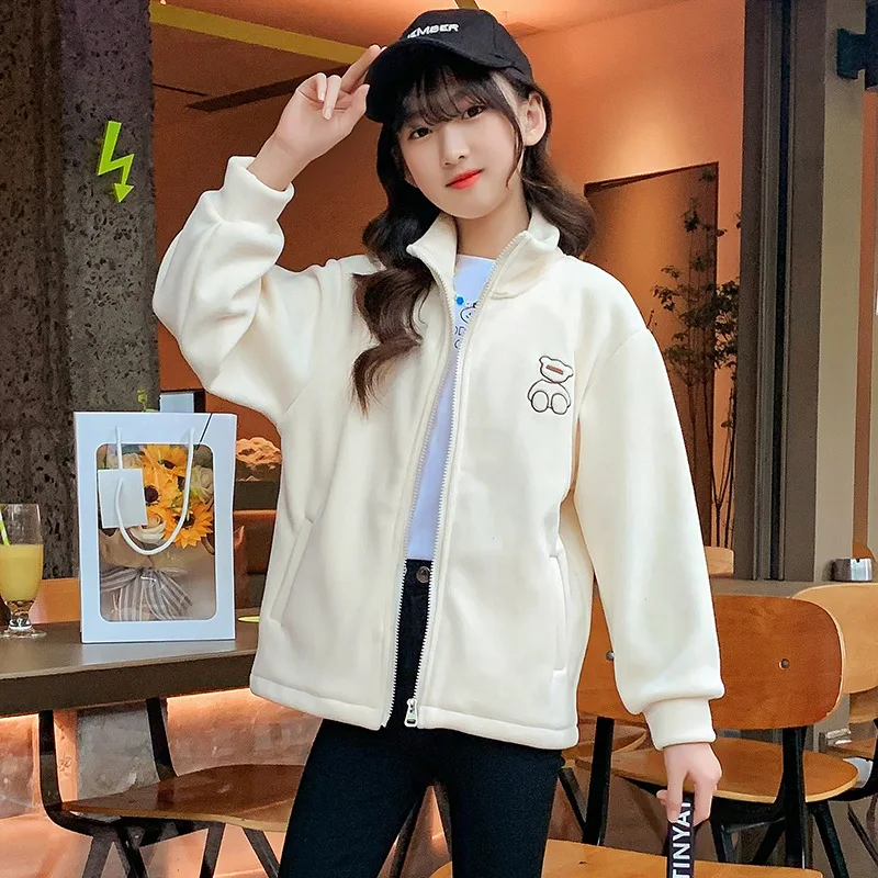 

Girls Fleece Jacket Letter Cartoon Stand Collar Cardigan Hoodies Spring Autumn Teenager Casual Sweatshirt Size110-160 Outerwear