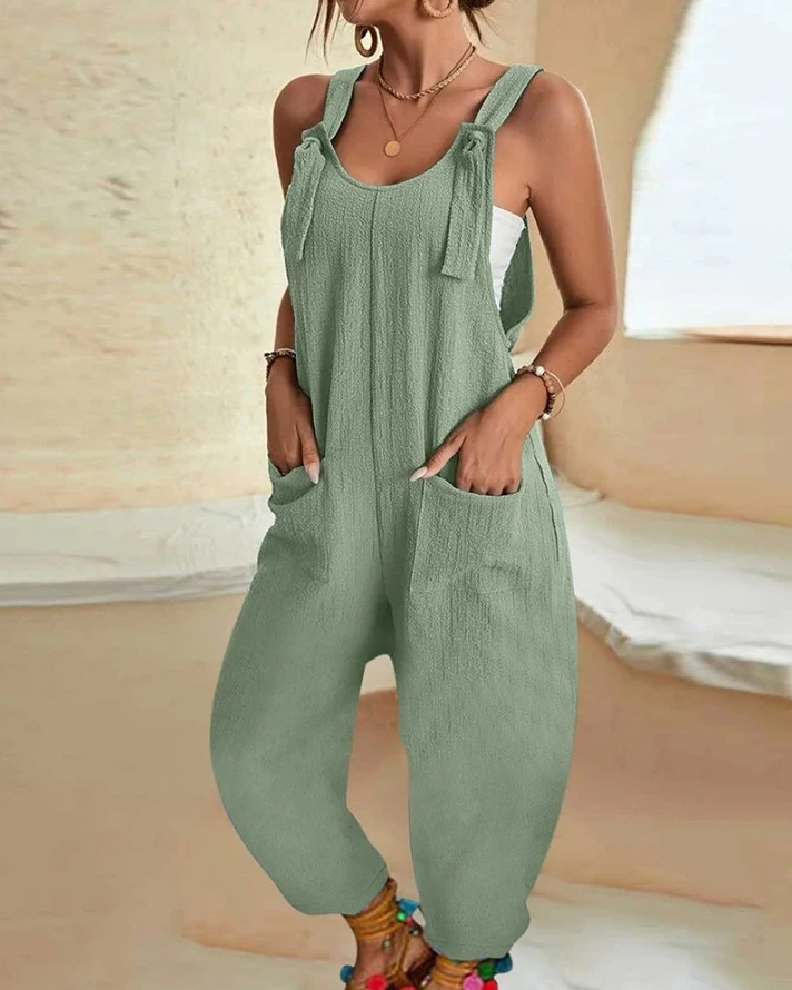 

Women's Solid Color Minimalist Casual Sports Versatile Round Neck Off Shoulder Knot Pocket Design with Suspender Jumpsuit