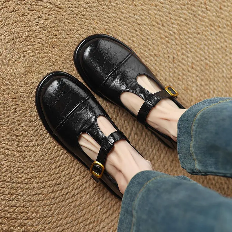 

ASILETO Роскошные женские туфли на плоской подошве в стиле ретро с круглым носком и пряжкой, Т-образный ремешок, большой размер 41, 42, 43, мягкие повседневные повседневные офисные женские туфли, дышащие