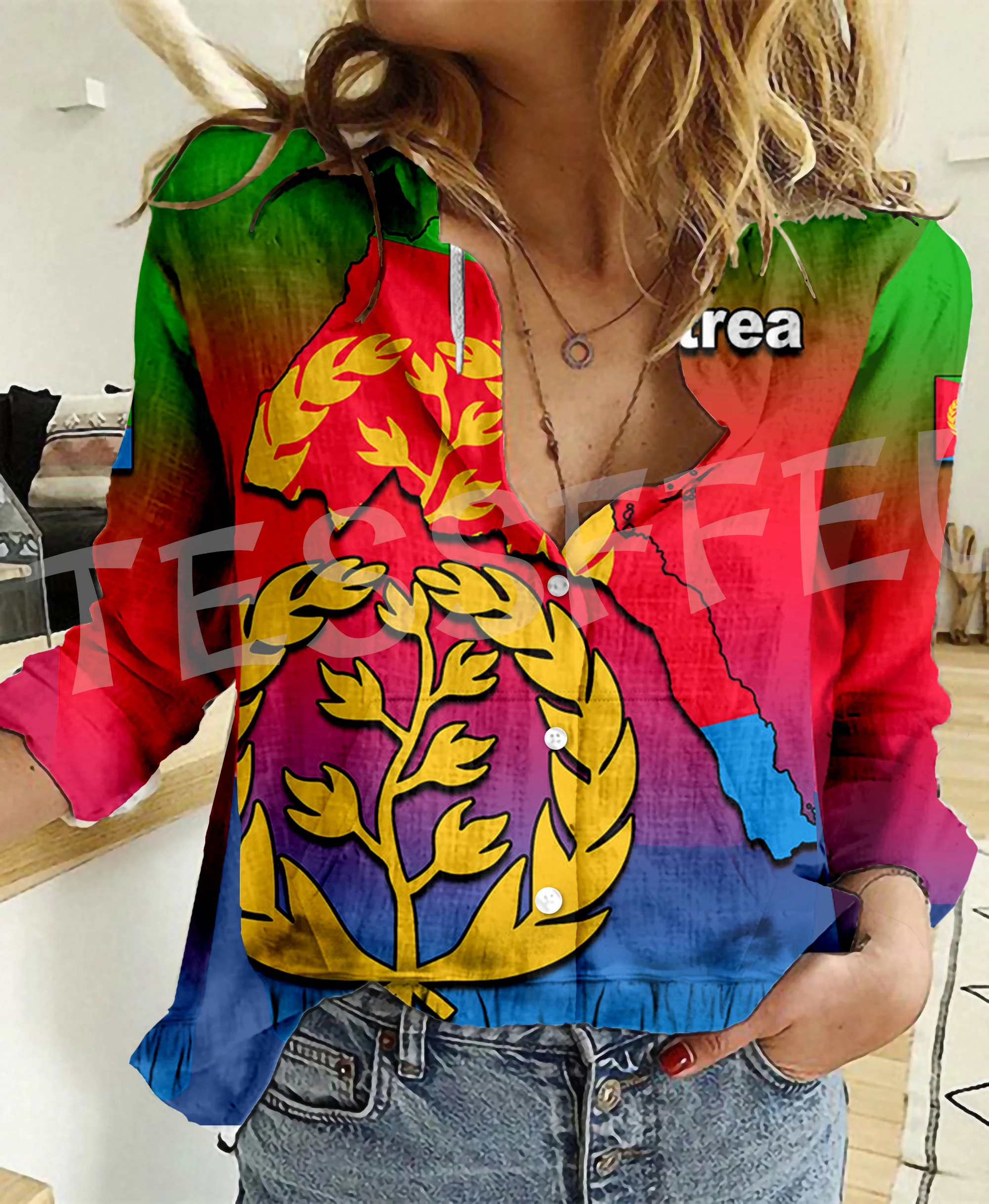 Africa County Eritrea Flag Lion Tattoo Retro Vintage Streetwear 3DPrint Harajuku Women Casual Button-Down Shirts Long Sleeves X2