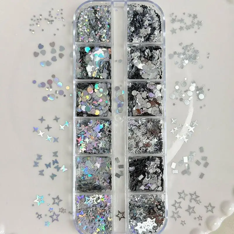 12 Fächer Mini-Pailletten mit Tupfen, Schmetterlingen, Sternen, Herzen, Glitzerpulver, Nagelkunst-Charms, Dekorationen, gemischte Aufkleber, Maniküre-Werkzeug – Detail 6