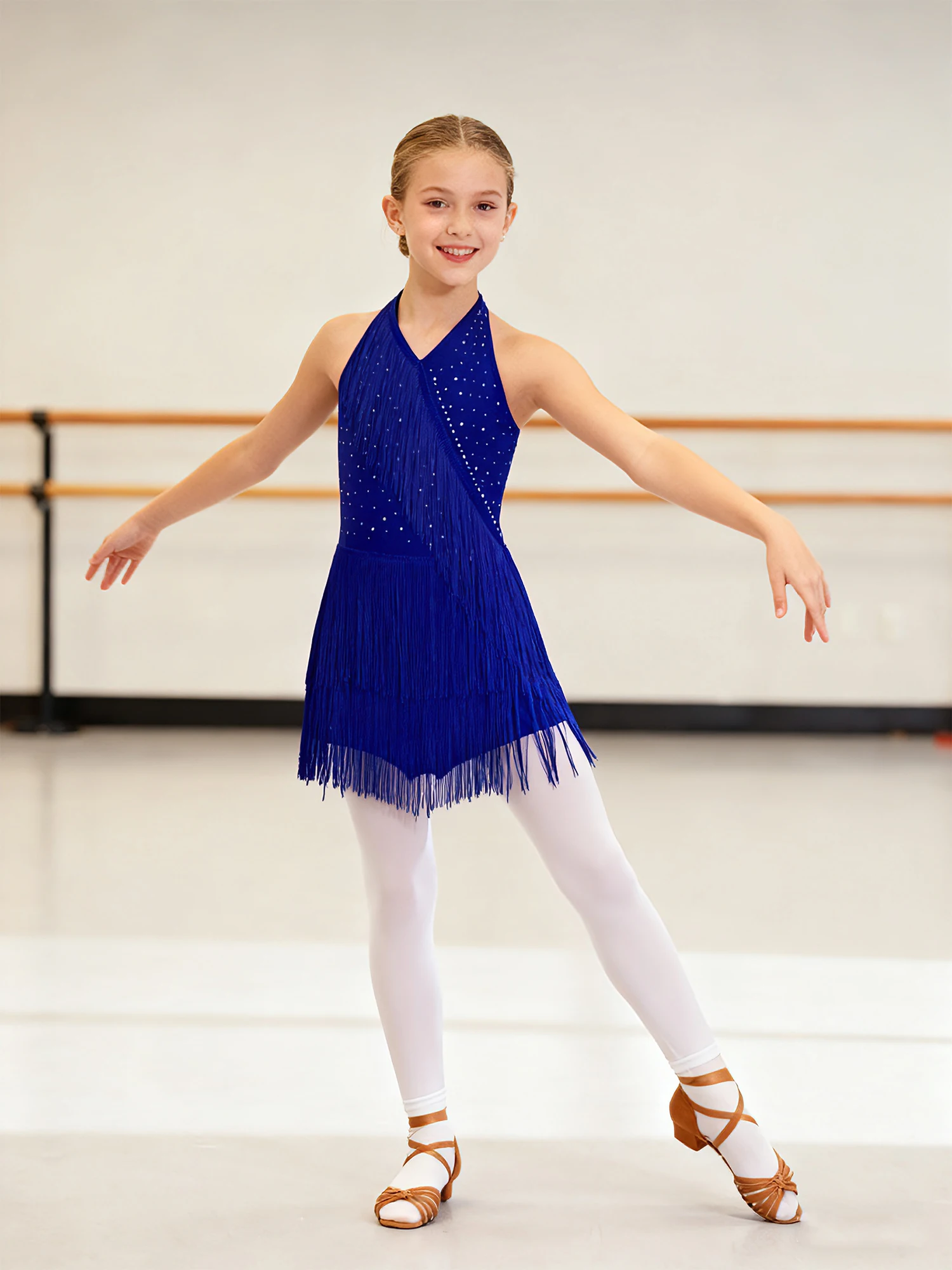

Kids Girls Tassel Latin Dance Leotard Dress Halter Sleeveless Rhinestones Fringe Tango Cha-cha Samba Skating Performance Costume