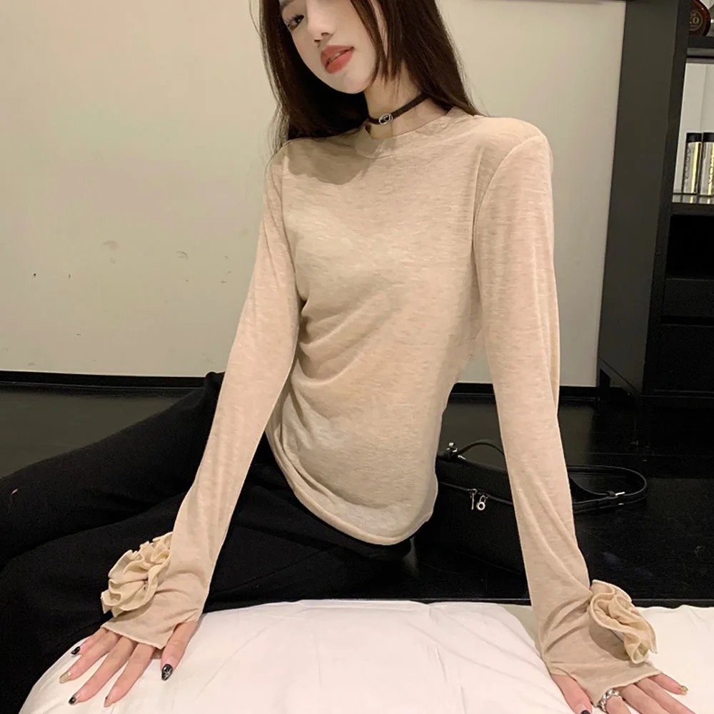 2024 Spring New 3d Flower Long Sleeve T-shirts Women Fashion Slim Bottoming Shirt Lady Sexy Office Tops High Street Female Tees