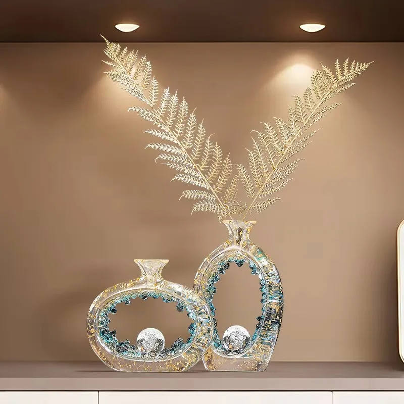 Hollow Oval Vase Tabletop Decor Transparent Grain Inlay Spherical Accent Fern Foliage Matching Display Craft Thin Narrow Neck