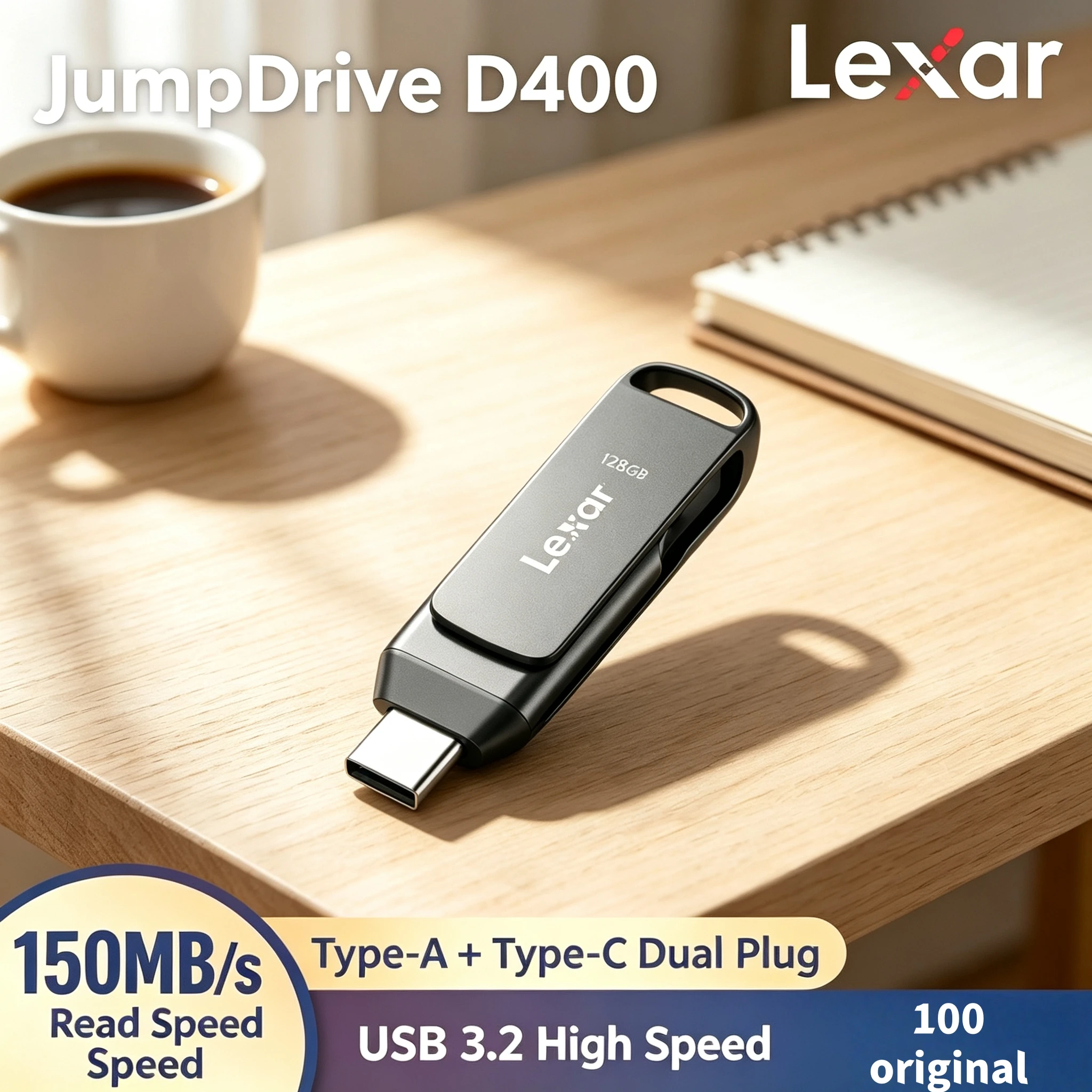 Lexar D400 Dual USB Flash Drive USB-C USB-A Connector USB 3.2 Speed Compatible With iPhone 15 PC Mac 360 Rotating Cap Fast