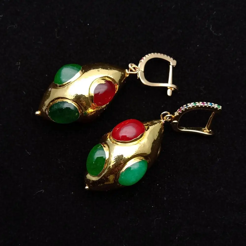 

Y.YING Green Red Agate Yellow Gold Plated Olivary Shape dangle earrings Jewelry Gifts