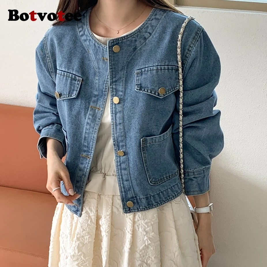 Botvotee Denim Jean Jacket for Women Vintage Pocket O Neck Long Sleeve Button Dowm Jeans Jackets Fall Spring Outwear