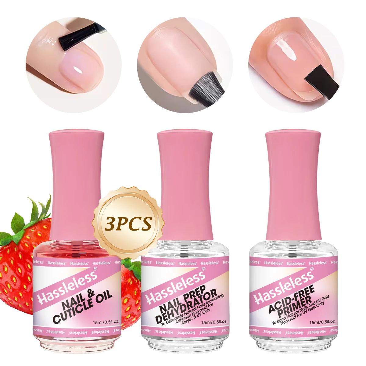 Set de Cuidado de Uñas de 3 Piezas: Aceite Nutritivo (Fresa) + Líquido Equilibrante + Agente Adhesivo, Pretratamiento Deshidratante para Uñas - Apto para Uñas de Gel, Adhesivo Ideal para Manicuras y Pedicuras, Mejora la Adhesión y Previene el Agrietamiento, 15ml Cada Uno, Líquido para el Cuidado de Uñas, Hidratación Profunda, Imprescindible para Mujeres, Envase en Botella de Vidrio