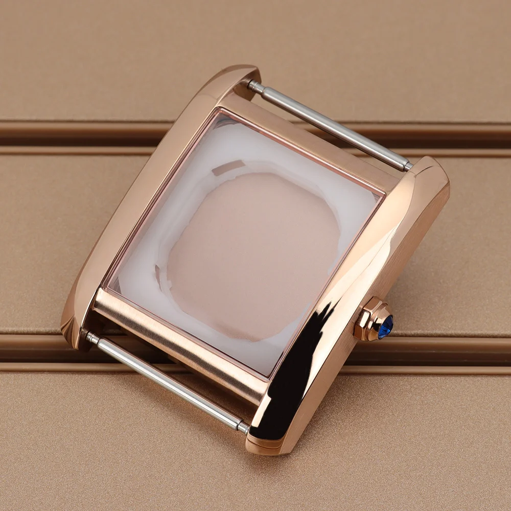 Rose Gold 34.6mm Polished Watch Cases Domed Sapphire Glass For Miyota 2115 Quartz Movement Rectangular Case Assemble Watch Parts