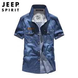 JEEP SPIRIT summer men denim short-sleeved new fashion all-match shirt casual cotton lapel comfortable cardigan top clothing