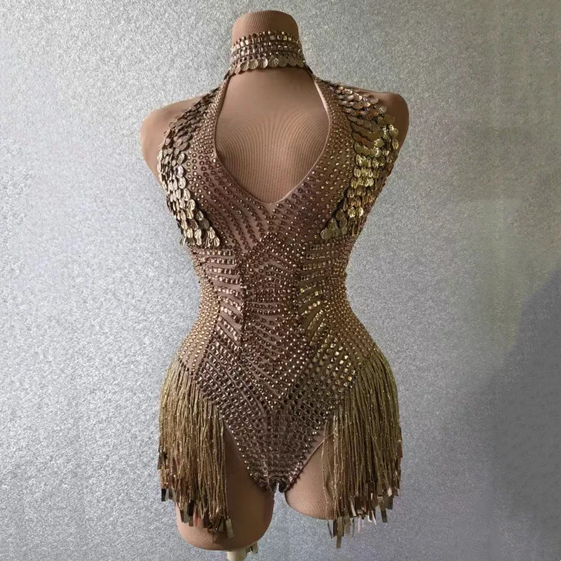 

Glitter Sequin Tassel Dance Bodysuit Lady Dancer Team Bar Club Sexy Elastic Fringe Leotard Stage Wear Singer Performance Costume