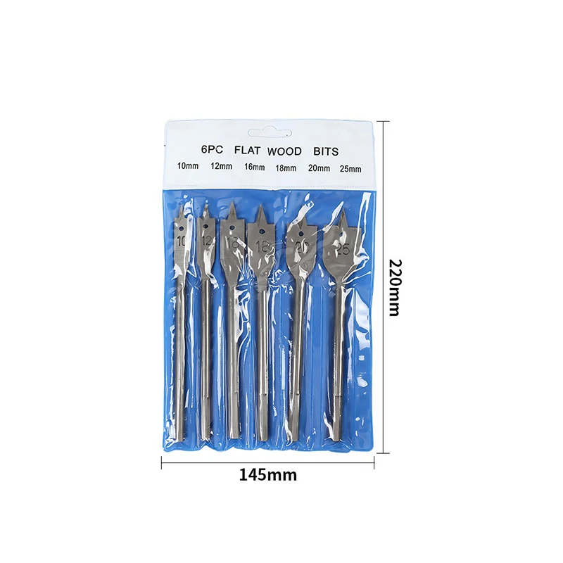 6PCS Woodworking Spade Drill Bits Set Natural Color Flat Cutting Spurs 10mm-25mm High Quality Woodworker Hole Cutter Kit