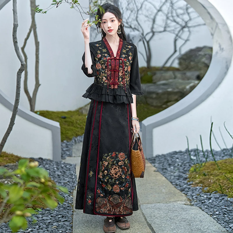 Elastic Waist Horse-Face Skirt Xiangyun Yarn Machine Embroidery Hanfu Improved Daily Commuting Summer Ethnic Style Women's Suit