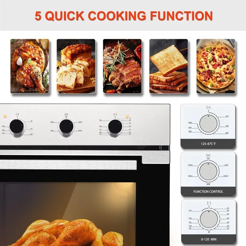 Horno de pared simple de 24", 2,3 pies cúbicos. Horno eléctrico de pared incorporado, 5 funciones de cocción, parrilla para hornear asado, control de perillas mecánicas