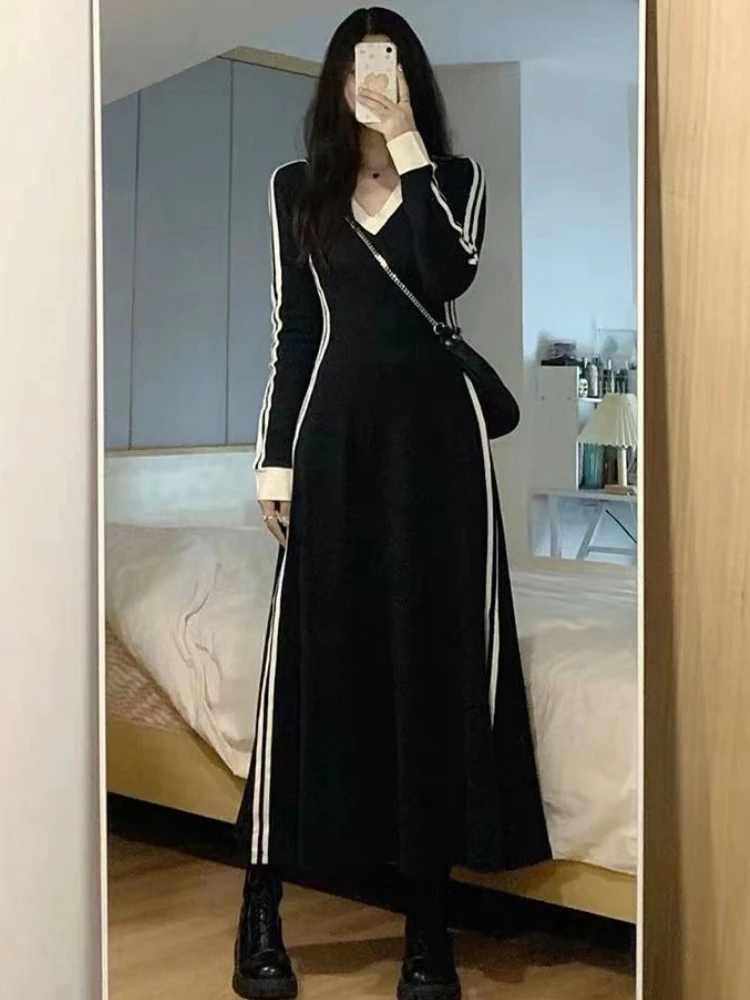 Dresses Women Autumn Sexy Sporty French Style Elegant Casual V-neck Streetwear Females Panelled A-line Clothing All-match Chic