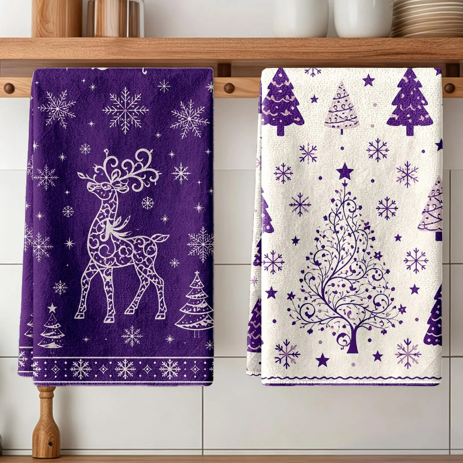 Christmas Kitchen Towel, Purple Reindeer Snowflakes & White Christmas Tree Dish Towel, Christmas Decorative Tea Towel, Polyester Absorbent Hand Towel, Holiday Kitchen Decorations