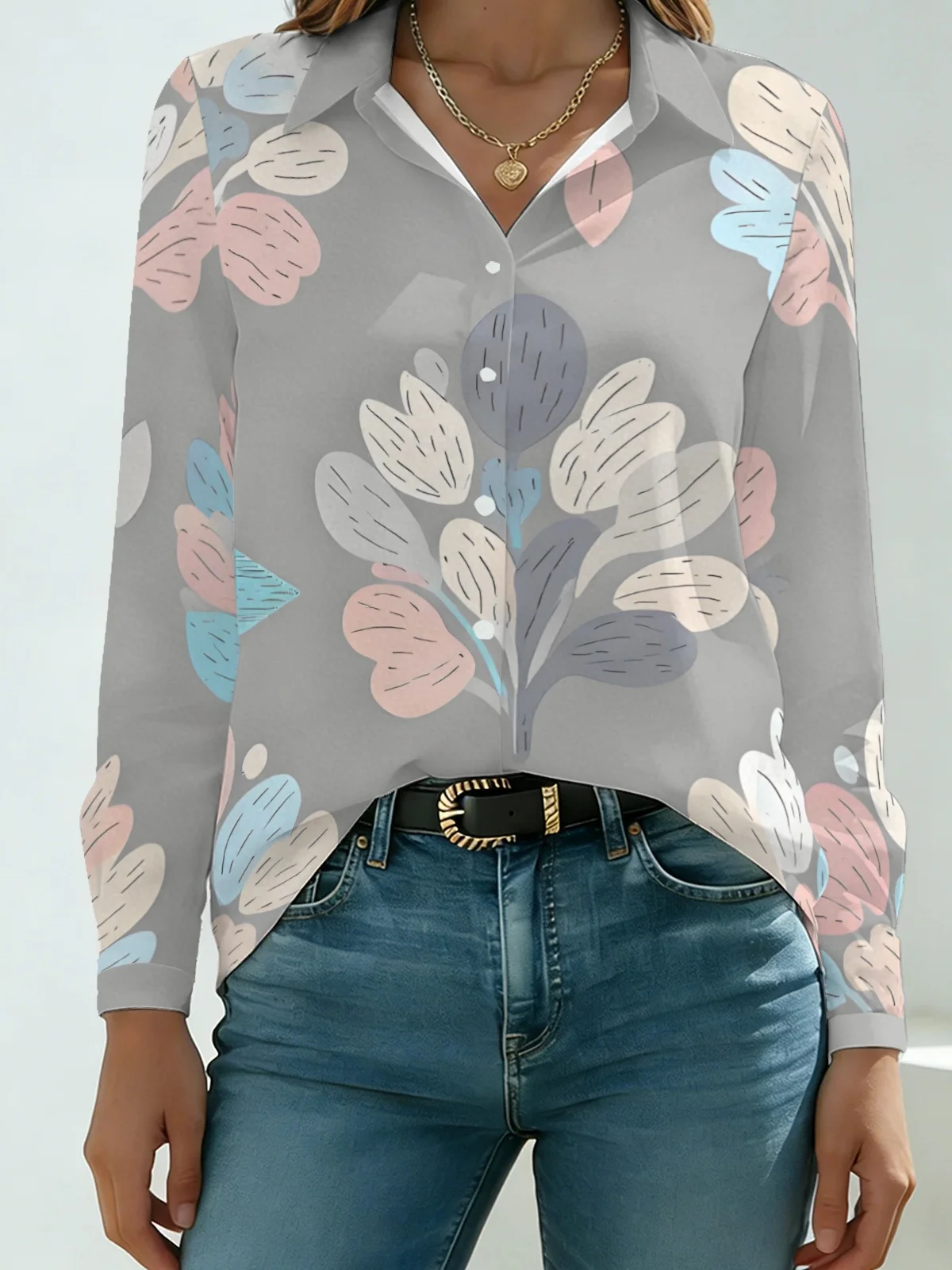 Soft Girl Minimal Leaf Flower Womens Collared Shirt Pure Grey Base Multi Pastel Color Sketch Floral Allover Print Long Sleeve Da