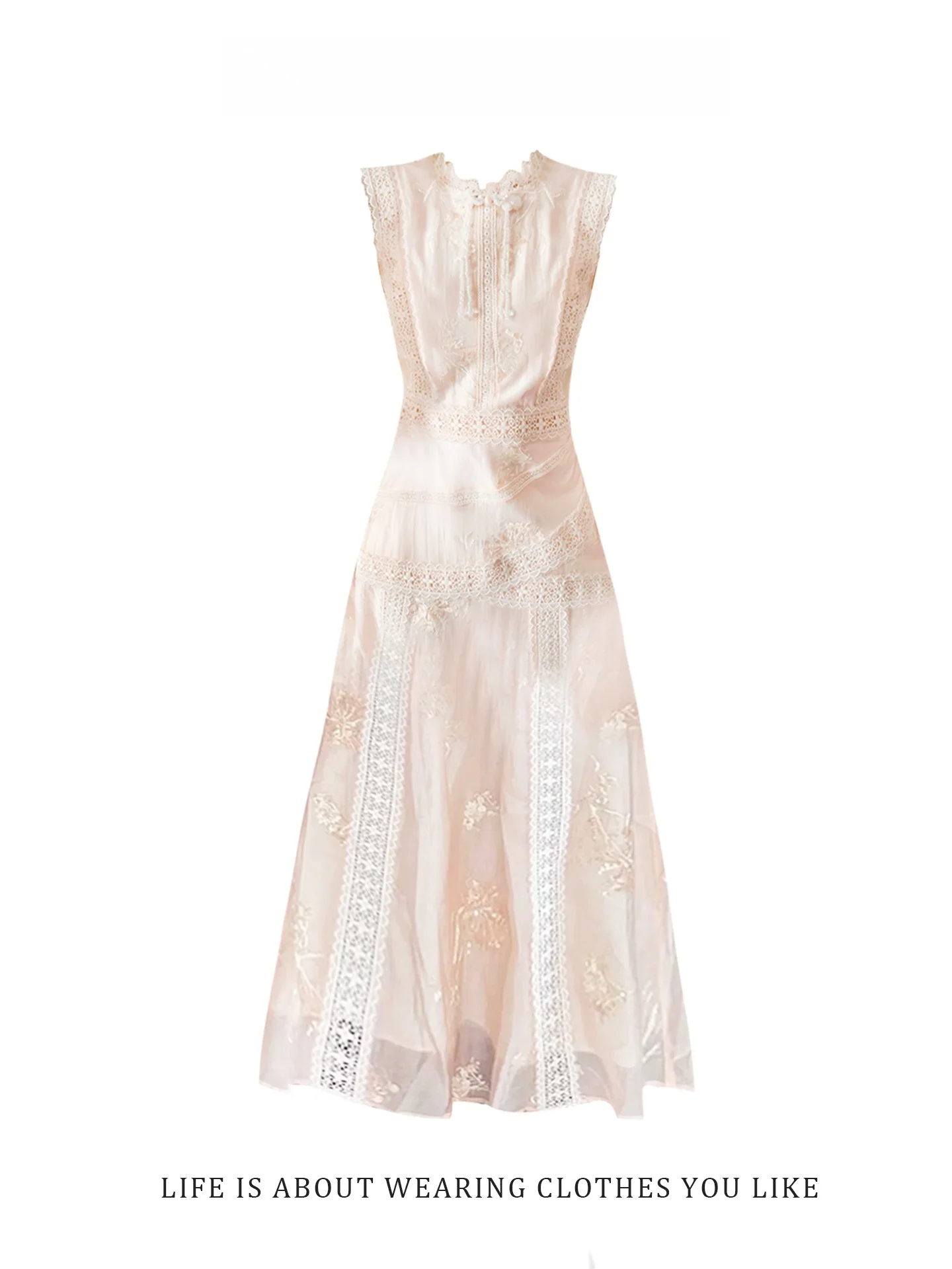 

Heavy Embroidery Lace Patchwork Women's Dress Spring Summer Pure Desire Waist Cinched Vest Skirt Retro Commute Style Long A-L...