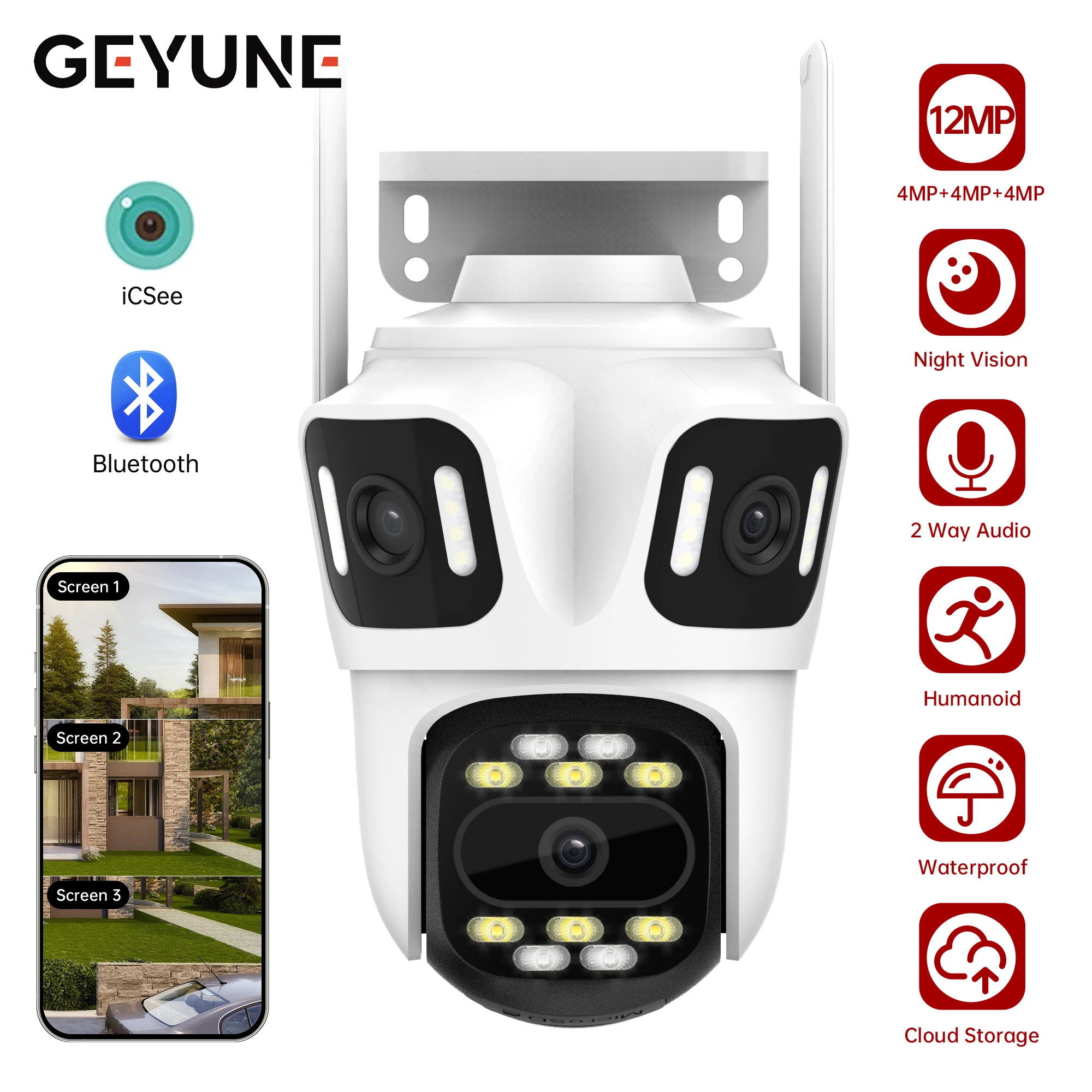 

Outdoor Three Lens Three Screens 6K Wifi CCTV IP Camera Ai Human Auto Tracking Security PTZ Camera Video Surveillance P2P iCsee