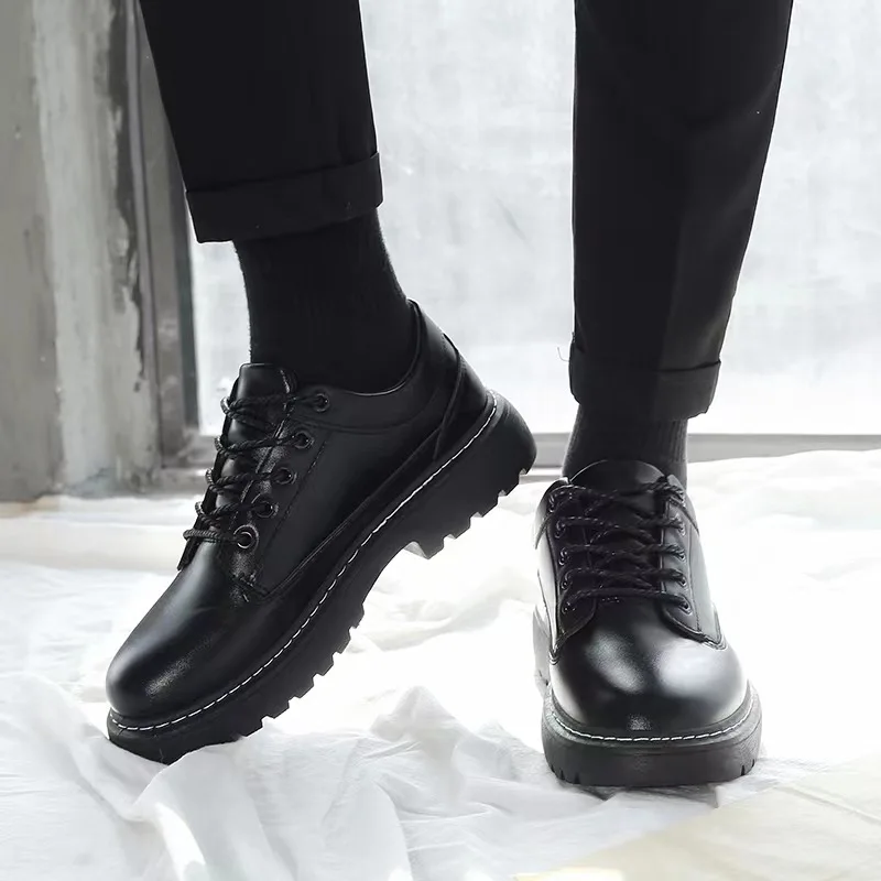 

Casual Leather Shoes Men's Thick Bottom Comfortable Black Lace-Up Low-Top Breathable British Style Japanese Style Youth Shoes