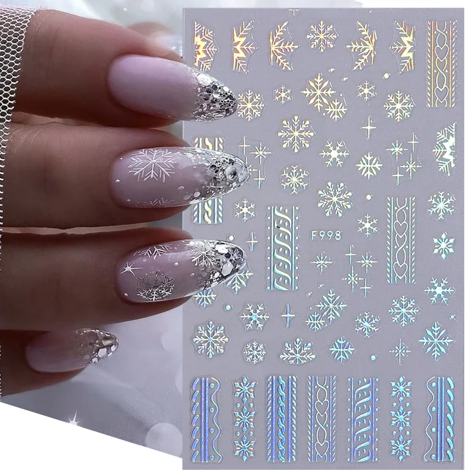 Laser Silver Winter Nail Stickers Christmas 3D Snowflakes Elk Xmas Tree Decal Dancer Lantern French Holographic Manicure Sliders