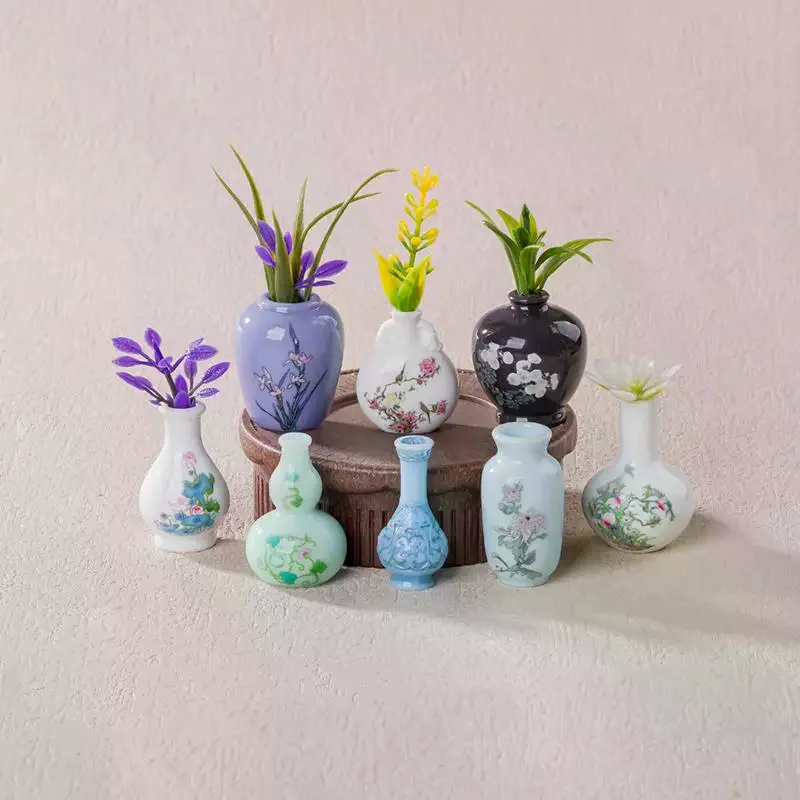 8Pcs Mini Vase Resin Figurine Imitation Porcelain Bottle Creative Micro Landscape Ornament DIY Home Desktop Decor Accessories