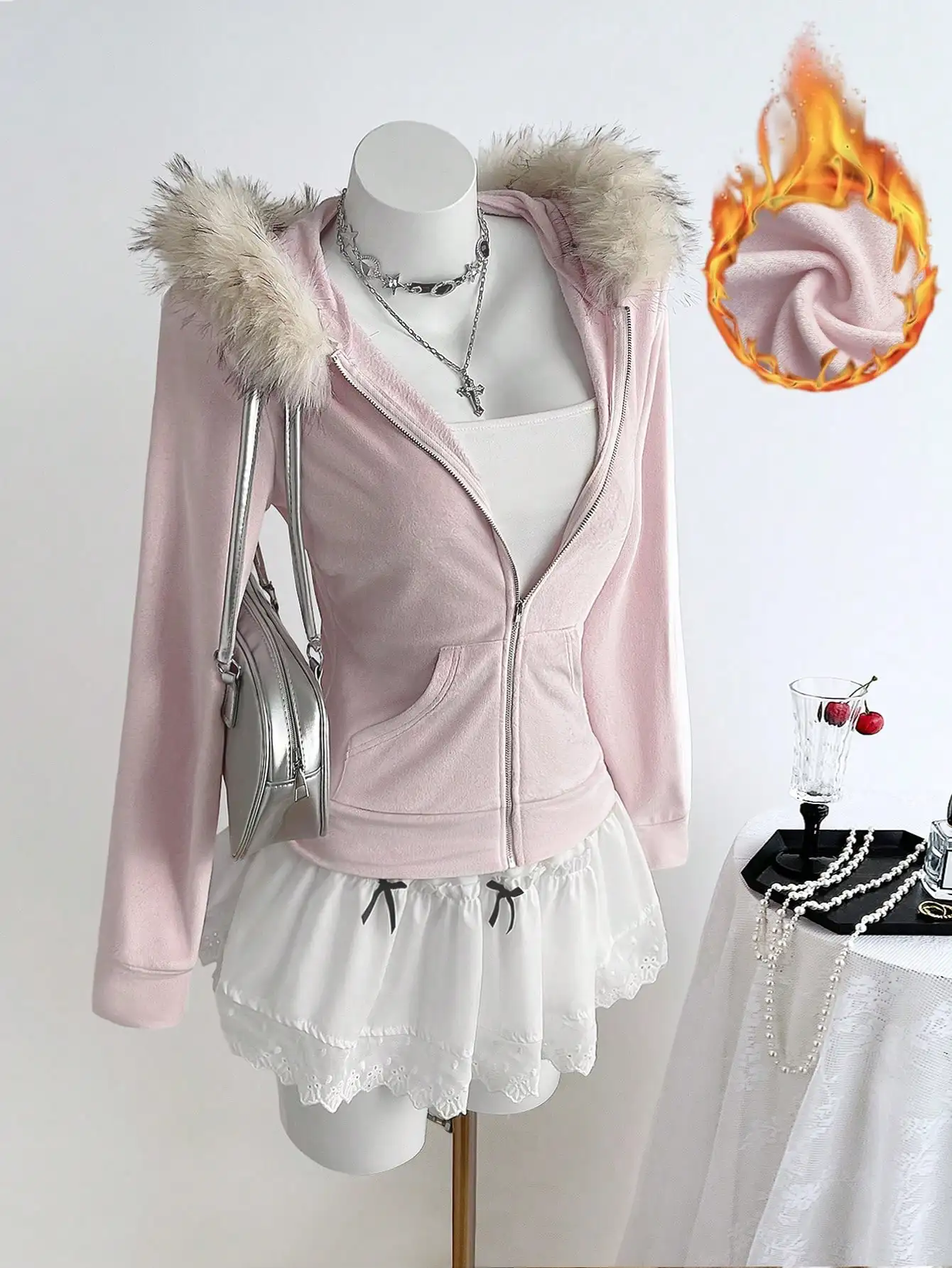 

Розовая пушистая куртка на молнии с капюшоном и меховой отделкой для женщин, теплая и уютная зимняя верхняя одежда